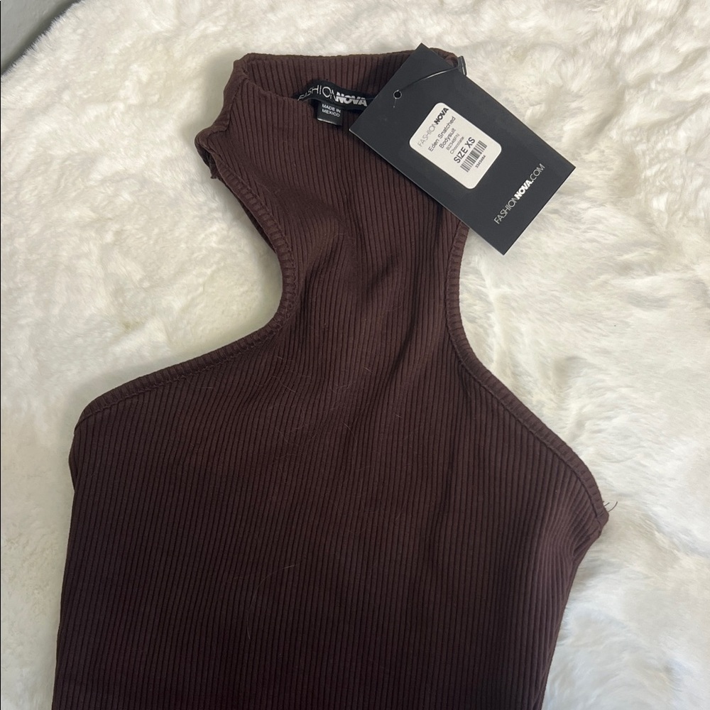 Fashion Nova Brown Ribbed One-Shoulder Bodysuit Size XS